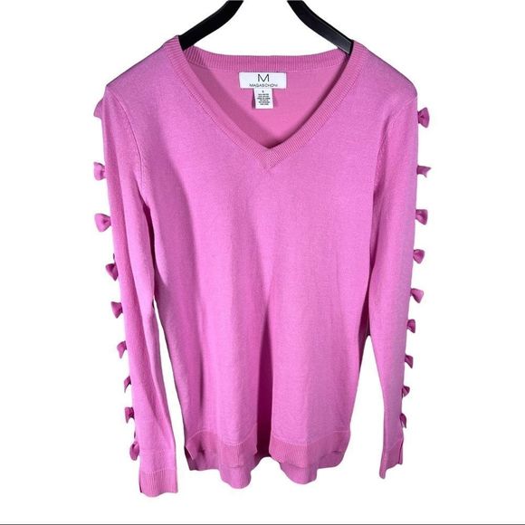 MAGASCHONI Womens Sz S Pink Sweater Cut Out Bows on Sleeves Vee Neck - Picture 2 of 6